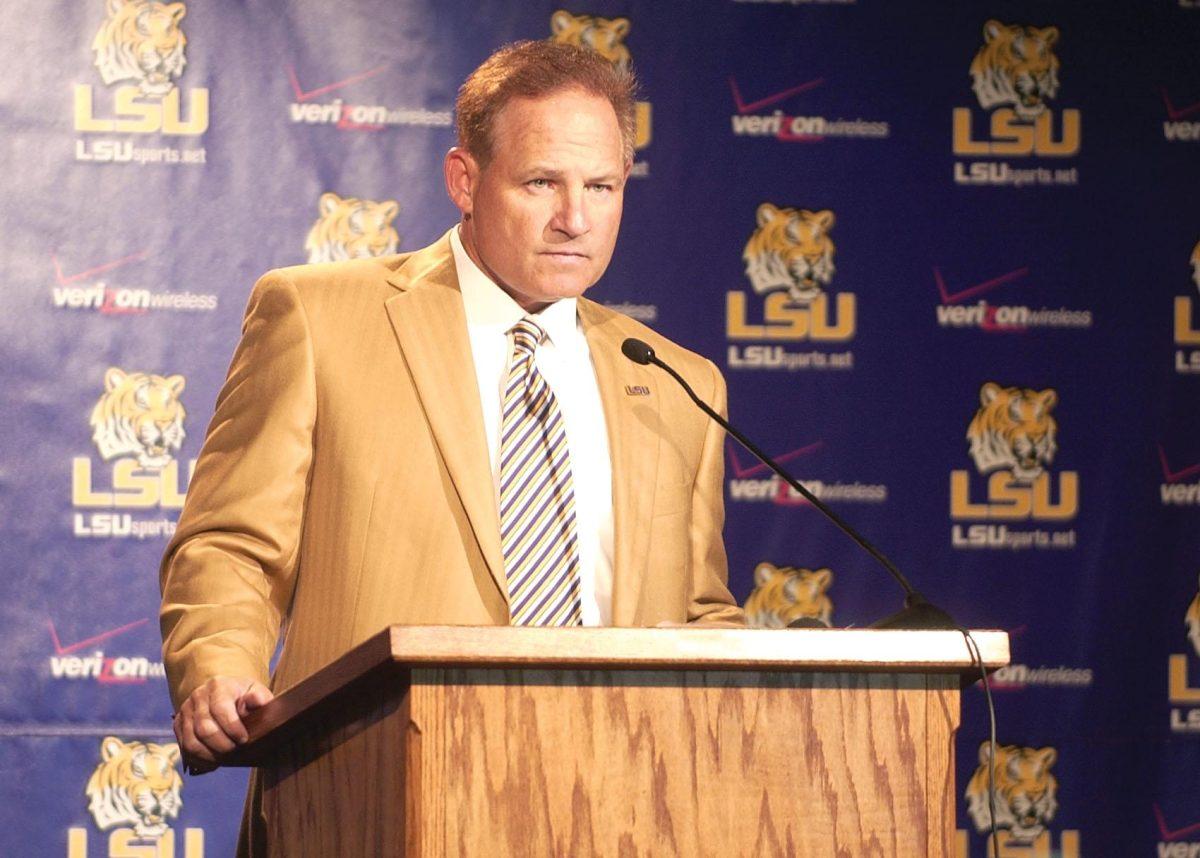 LSU coach Les Miles addresses the media at his first press luncheon of the season. The Tigers open their season Saturday against Appalachian State in Tiger Stadium.