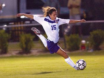 Rachel Yepez prepares to kick the ball Tuesday night against UL-Lafayette.