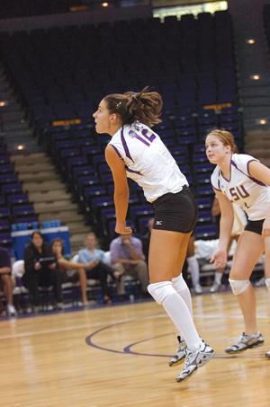 LSU sophomore outside hitter Marina Skender digs a ball with senior outside