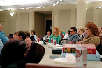 [Above] Students who attended the second annual Constitution Day event at the Hebert Law Center on Thursday listened to speakers discuss modern-day debates on the U.S. Constitution. [Below] Paul Baier, LSU law professor, hosted and organized the Constitution Day events.