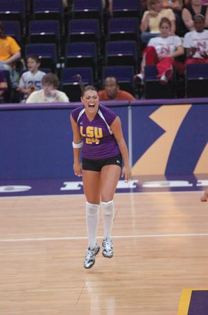 Senior libero Kassi Mikulik celebrates after a play at the Tiger Invitational on Aug. 26 at the PMAC. Mikulik was named to the Dayton Invitational all-tournament team this weekend, along with seniors Melody Clark and Daniela Romero.