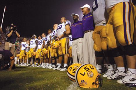 The Tigers sing the "Alma Mater" after their victory over ULL 45-3. Coach Les Miles started the tradition last season.