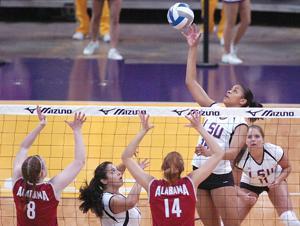 Senior middle blocker Melody Clark spikes the ball over the net Friday while sophomore defensive specialist Elena Martinez and senior setter Daniela Romero look on in the Tigers' 3-game sweep of Alabama for the Western Division title.