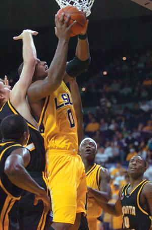 LSU junior forward Glen Davis (0) struggles to make a shot Saturday afternoon against Wichita State University in the PMAC. The Tigers led throughout most of the game but came up short in the end, losing 53-57 to the Shockers.