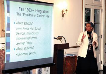 Saundra McGuire, director of the Center of Academic Success, speaks to an audience Thursday evening in the French House Grand Salon. McGuire spoke about the desegregation of Baton Rouge public schools and offered both first-hand and empirical evidence on the subject.