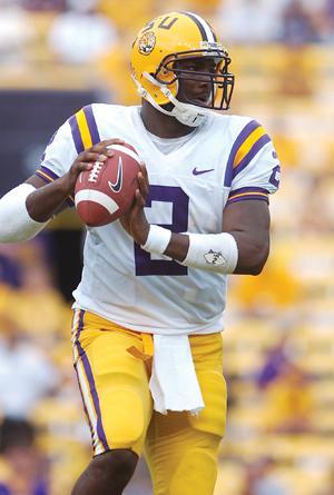 LSU junior quarterback JaMarcus Russell looks down field for an open pass in the Tigers' 48-17 win over Mississippi State University on Sept. 30. Russell is projected to be a first-round pick if he declares eligible for the NFL draft.