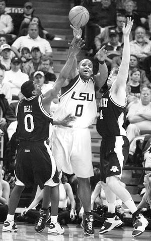 LSU junior forward Glen Davis struggles to pass over a Vanderbilt double-team in the first half of the game in the PMAC.