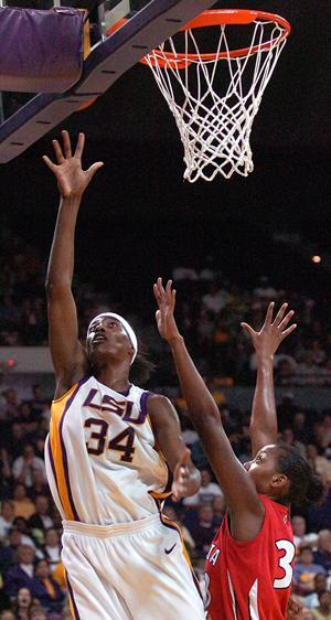 Junior center Sylvia Fowles lays the ball up during the second half. The Lady Tigers defeated the Georgia Bulldogs 57-55 on Sunday afternoon at the PMAC.