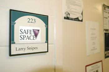 A Safe Space sticker marks Larry Snipes name plate to his office. These stickers are issued to professors and people around campus who have completed the Safe Space training.