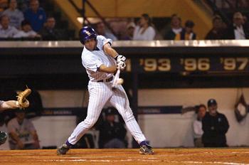 LSU sophomore catcher Robert Lara hits a pitch Tuesday night in the Tigers' 8-3 loss to Tulane University in Alex Box Stadium.