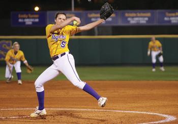 LSU sophomore pitcher Dani Hofer winds up for a pitch Friday in the Tigers' 4-0 win against the University of Southern Mississippi. Hofer collected three wins of LSU's six wins in the Easton Purple and Gold Classic this past weekend.