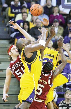 LSU junior forward Glen Davis fights for a rebound in the Tigers' 71-67 win over the University of Arkansas.