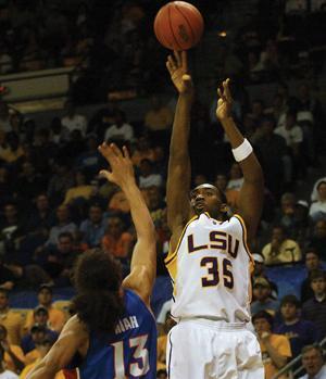 LSU senior forward Darnell Lazare shoots the ball Feb. 24 over University of Florida forward Joakim Noah during the first half of the Tigers' 66-56 victory in the PMAC. Lazare will play his final game in the PMAC Saturday against the University of South Carolina. Lazare averages 4.6 points and 2.9 rebounds in his career, which spans 117 games. The Tigers head to Atlanta, Ga., March 8 for the SEC Tournament against either Kentucky or Tennessee.