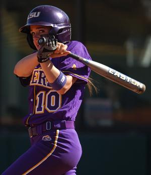 Senior catcher and first baseman Kristen Hobbs swings at a pitch Saturday during the Tigers' double-header sweep of the University of Florida at Tiger Park. Hobbs sat out all of last season after undergoing surgery.