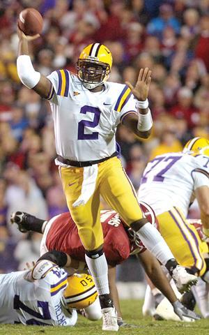 Quarterback JaMarcus Russell passes the ball Nov. 11 in the Tigers' 28-14 win against the University of Alabama in Tiger Stadium.