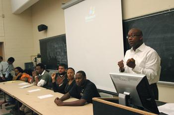 (From left) Samori Camara, history graduate student, Tim Mulaula, music senior, Nicholas Mitchell, history graduate student, Shanelle Matthews, mass communication junior, Ricardo Malbrew, history graduate student, and Leonard Moore, Director of the African American Studies program, act as a panel of speakers Tuesday night in the "Putting It All On The Table" forum in Coates Hall. The forum was sponsored by the NAACP, Omega Psi Phi Fraternity, and the Student African-American Brotherhood to promote awareness of issues facing black students at LSU.