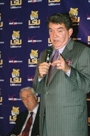 Coach Van Chancellor speaks Wednesday afternoon at a press conference in the Athletic Administration Building.