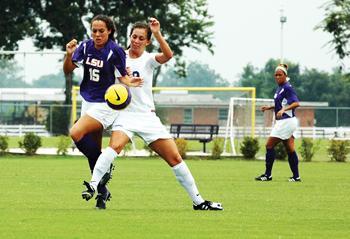 Sophomore forward Rachel Yepez fights for possession in the Tigers' Sept. 2 win against Louisiana Tech. Yepez ranks No.1 in the SEC with 19 career goals, and she has scored nine this season. The Tigers will face their first SEC opponents of the season this weekend when Mississippi State and Ole Miss come to the LSU Soccer Complex on Saturday and Sunday.