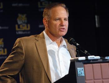 LSU Football head coach Les Miles answers journalists questions Monday afternoon at a lunch press conference in the Athletic Administration Building. Miles answered questions, including many about this past Saturday's game against Tulane and next week's matchup against Florida.