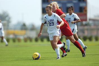 LSU junior forward Roslyn Jones puts pressure on the Ole Miss defense Sept. 30 in a 1-1 tie at the LSU Soccer Complex. The Tigers were ranked No. 19 in Soccer America Top 25.