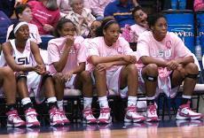 (Left to right) Sophomore guard Allison Hightower, freshman guard LaTear Eason, freshman guard Katherine Graham and junior forward Kristen Morris sit on the bench Sunday afternoon during the Lady Tigers' victory against Georgia. These four players will be the only returning members for the team.