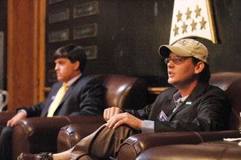 Student Government presidential candidates Dixon McMakin (left) and Colorado Robertson (right) participate in a debate Thursday that focused on the University's Greek community.