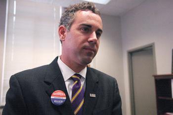 Eric Monday, interim vice chancellor for Student Life and Academic Services, wears a pin Thursday from his 1995 campaign for LSU Student Government president.