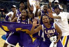 The Lady Tigers celebrate after their 56-50 victory against North Carolina to make their fifth consecutive Final Four appearance.