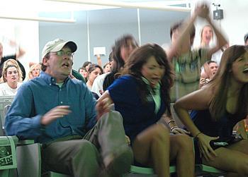 Colorado Robertson and Shannon Bates react to the news of their recent election win for Student Government president and vice president.