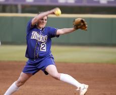 Senior Tiffany Garcia pitches Wednesday evening to a Nicholls State batter during a softball game in Tiger Park.