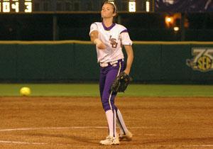 LSU junior Dani Hofer throws a pitch Friday in the fifth inning of the Tigers' Baton Rouge Regional game against Mississippi Valley State.