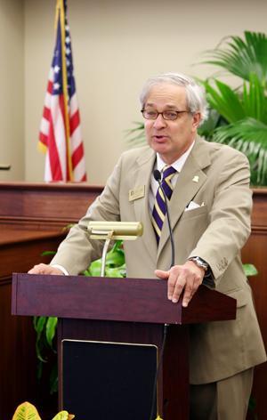 Jack Weiss, Chancellor of LSU Law Center, welcomes students and guests to the Clinical Legal Education Program Student Oath Ceremony on Aug. 22 in the David Robinson Courtroom of the Law School.