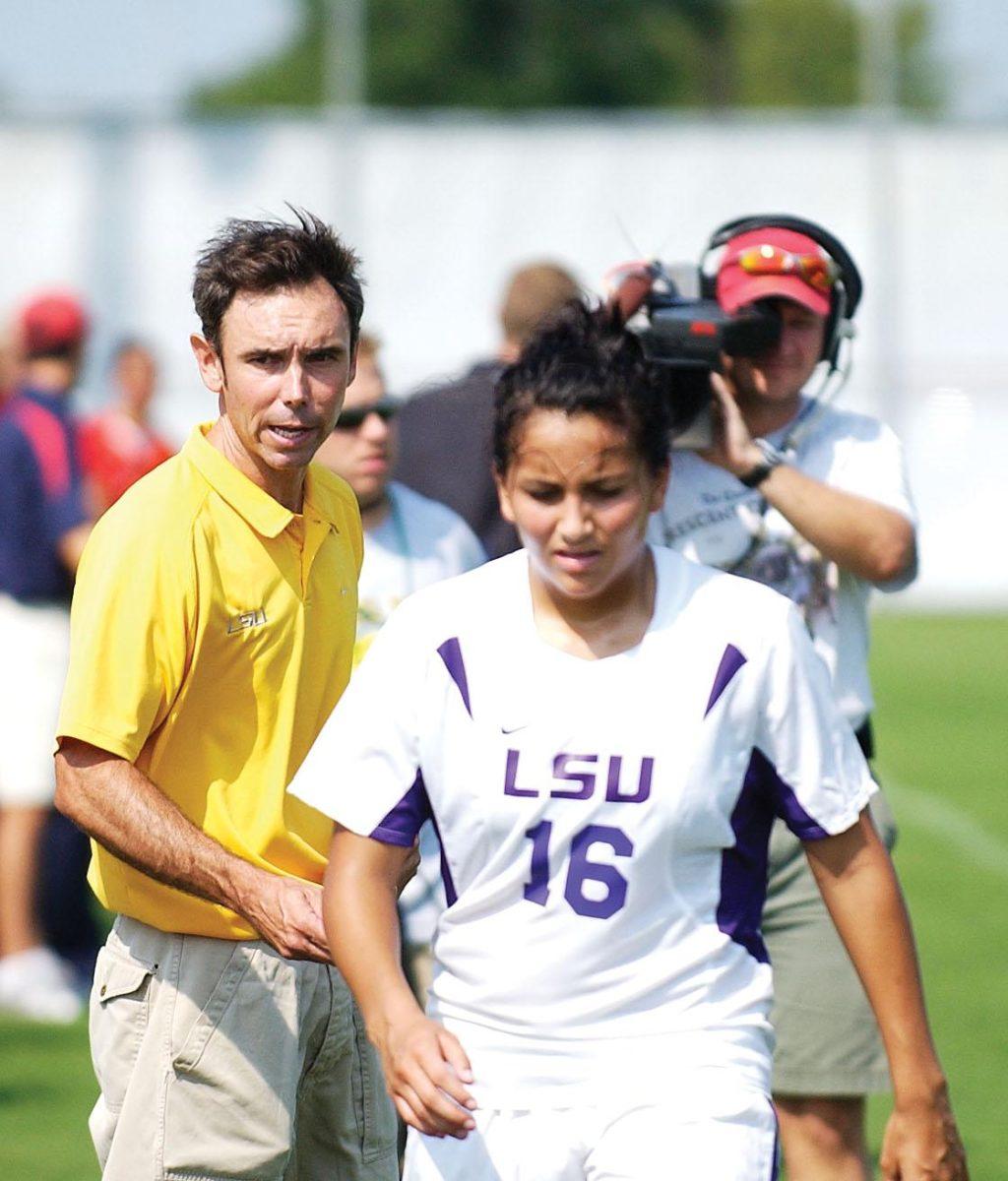 LSU soccer coach Brian Lee relieves Taryne Boudreau in a game against Ole Miss Sept. 30, 2007.