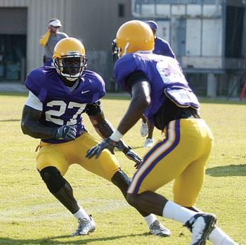 LSU safety Curtis Taylor runs a drill during fall camp. Taylor is one of the leaders in the defensive backfield.