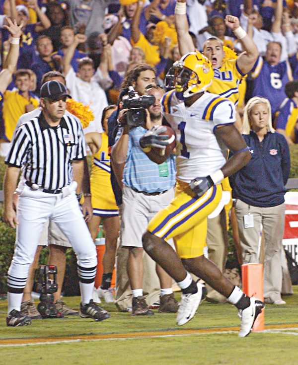 Junior wide receiver Brandon LaFell runs in a fourth-quarter touchdown during LSU&#8217;s 26-21 win against Auburn on Saturday night at Jordan-Hare Stadium in Auburn, Ala. The touchdown was the go-ahead score for LSU.