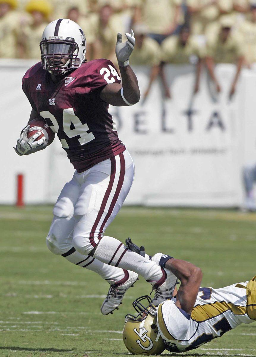 Mississippi State running back Anthony Dixon runs the ball Saturday during the first quarter against Georgia Tech in Atlanta.