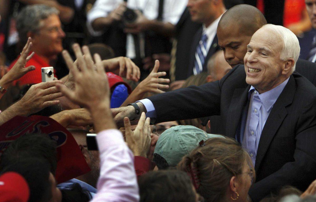 Republican presidential candidate Sen. John McCain, R-Ariz., greets supporters after speaking at a campaign rally Sept. 22, 2008, in Media Pa.