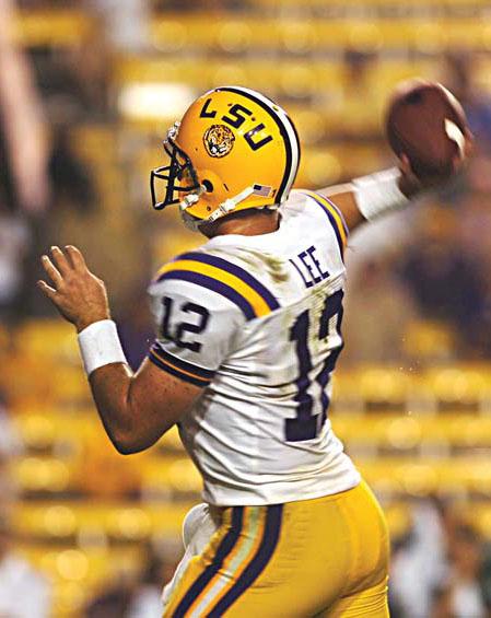 Redshirt freshman quarterback attempts a pass during LSU's 41-3 win Saturday against North Texas.