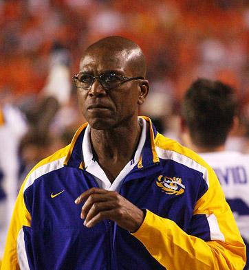 LSU football team chaplain Ken Ellis strolls the sidelines during LSU's 26-21 victory Saturday at Auburn.