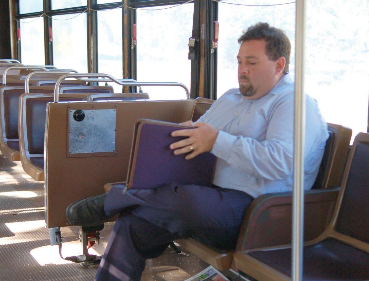 Mitch Skyer, an Atlanta consultant for the Solstice Transportation Group, takes a ride on a CATS bus Friday afternoon as he logged stops with a GPS. During his visit he also fielded suggestions for transit improvement from students in the Union.