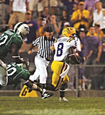 LSU junior wide receiver Trindon Holliday speeds past several North Texas defenders for a 92-yard punt return in the second quarter of the Tigers&#8217; game against the Mean Green. Big plays, such as Holliday&#8217;s punt return, helped LSU defeat North Texas, 41-3, Saturday night in Tiger Stadium.