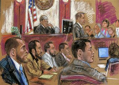 This artist&#8217;s drawing shows the defendants, bottom left, in a federal courtroom on Monday in Camden, New Jersey.