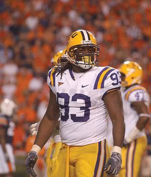 LSU senior defensive end Tyson Jackson looks over to the sidelines during LSU's game against Florida. Jackson passed up the NFL to return to LSU this season.