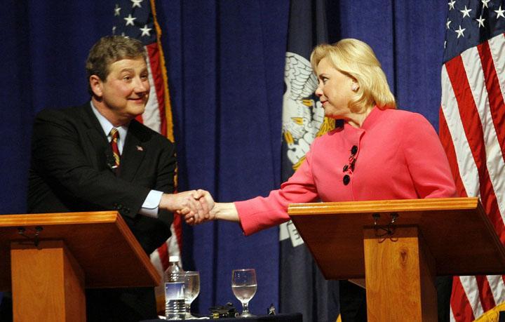 John Kennedy and Sen. Mary Landrieu shake hands at the conclusion of their televised debate on Wednesday.