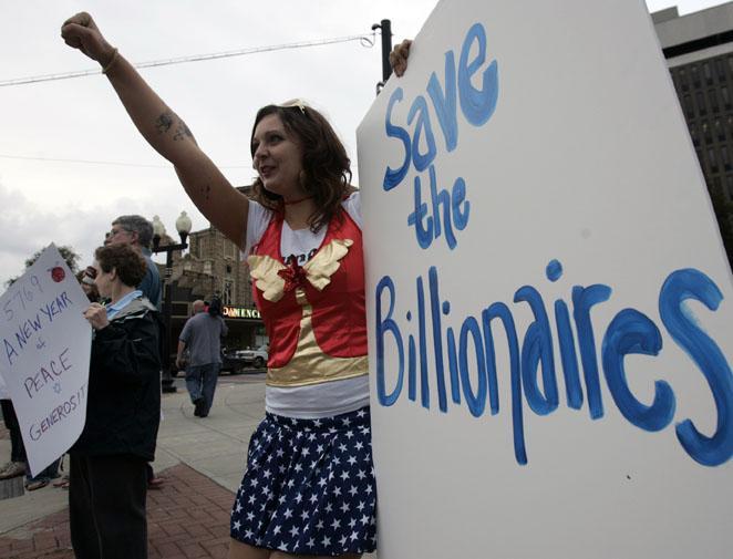 Mariah Dahl protests during a bail out of Wall Street firms during a rally in Albany, N.Y., on Wednesday.