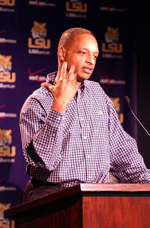 LSU men's basketball coach Trent Johnson address media members during media day Tuesday in the Athletic Administration Building.