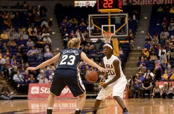 LSU freshman guard Destini Hughes attempts to drive past Notre Dame&#8217;s Melissa Lechlitner in the PMAC on Sunday during the Tigers&#8217; 62-53 loss to Notre Dame.