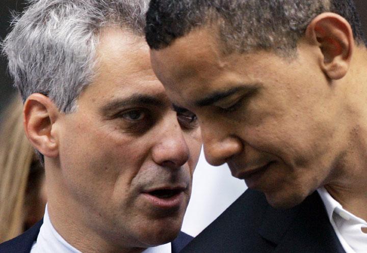 Rep. Rahm Emanuel huddles with then-Democratic presidential candidate Sen. Barack Obama on June 6, 2008.