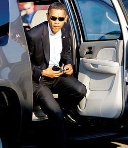 Democratic presidential candidate Sen. Barack Obama, D-Ill., gets out of the car before he boards the plane at airport in Columbus, Ohio Sunday, Nov. 2, 2008.