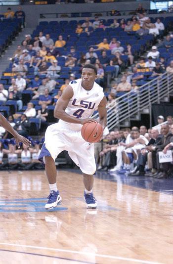 LSU freshman guard Chris Bass looks to pass the ball during the Tigers&#8217; 64-58 victory against Centenary on Nov. 28 in the PMAC.